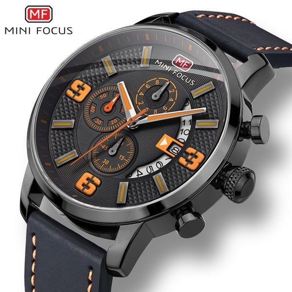 MINI FOCUS Sports Watch For Men Luxury Casual Chronograph Watches Quartz Men's Watch Genuine Leather Top Brand Luxury Military