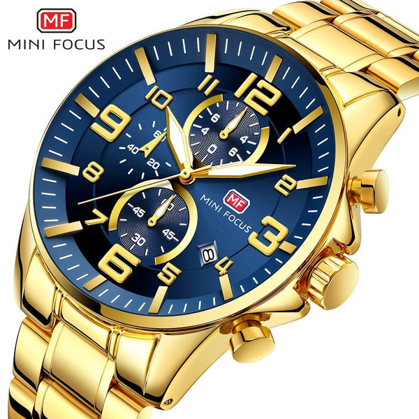 MINIFOCUS Sport Watch Men Luxury Brand Stainless Steel Gold Watch Mens Watches Quartz Chronograph Wrist Watches For Men Business