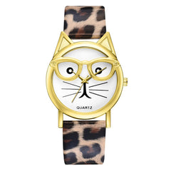 Women Watches Golden Border Cat Glasses Dial Ladies Casual Quartz Wristwatch Fashion Leather Strap Clock Dress Reloj Mujer @50