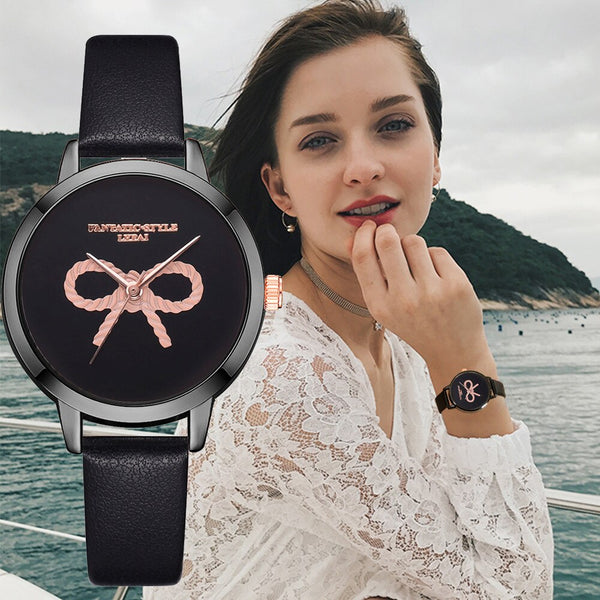Hot Women's Watches Pink Bow Pattern Disc Ladies Quartz Movement Wristwatch Business Leather Strap  Clock Zegarki Damskie@50