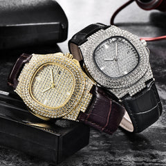 Men Wrist Watch Quartz Analog Date Leather Band Full Crystal Steady Gift Watch Man Watches Mens 2019 relogios masculinos