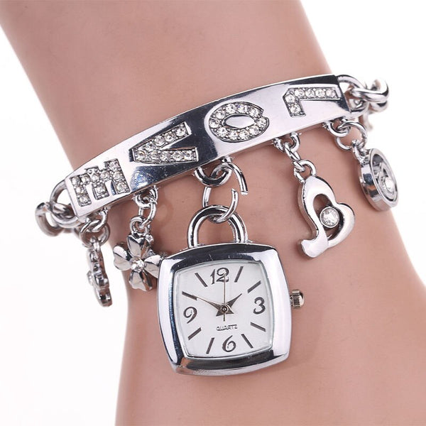 Women Watches Featured Alloy Rhinestone Love  Quartz Wristwatch Bracelet Watch Luxury Gold  Clock Ladies Zegarki Damskie@50