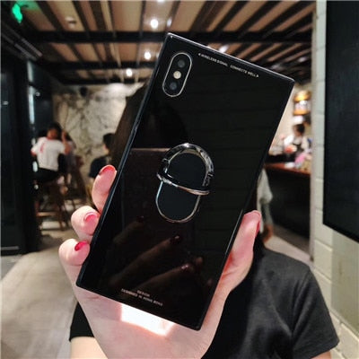 Square Fashion Classic Phone Case For iphone X Case For iphone 6 6s 7 8 plus Tempered Glass Case With Stand Upscale Coque