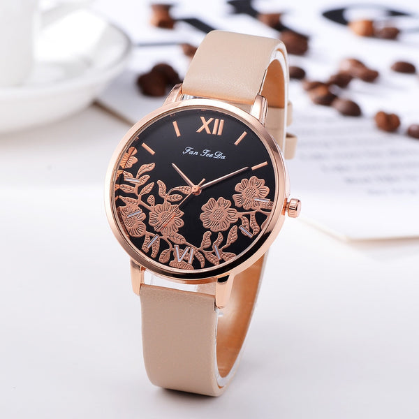 High Quality Women's Watches Plant Pattern Dial Ladies Fashion Quartz Wristwatch Leather FanTeeDa Casual Clock Reloj Mujer @50