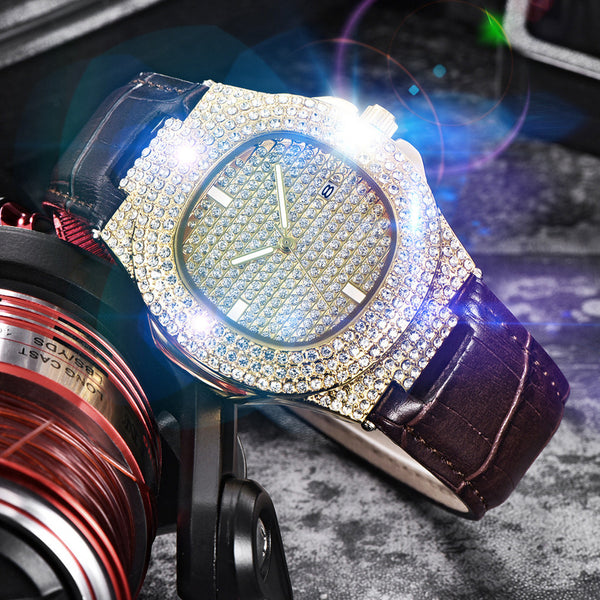 Men Wrist Watch Quartz Analog Date Leather Band Full Crystal Steady Gift Watch Man Watches Mens 2019 relogios masculinos