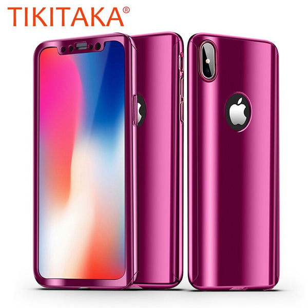 Plating Mirror 360 Case For iphone X 8 7 6 6s Plus 5 5s SE Cover Slim Full Body Protection Hard PC Cases With Glass Film