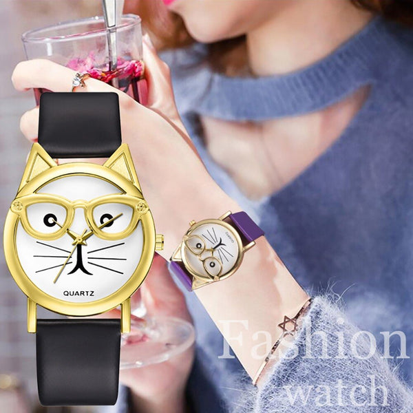 Women Watches Golden Border Cat Glasses Dial Ladies Casual Quartz Wristwatch Fashion Leather Strap Clock Dress Reloj Mujer @50