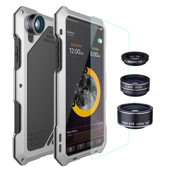 3 in 1 Fisheyes macro Lens Phone Case For iPhone XS Max XR 8 7 6 6s Plus Cover Metal Silicone Shockproof Armor Case + Glass Film