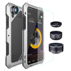 3 in 1 Fisheyes macro Lens Phone Case For iPhone XS Max XR 8 7 6 6s Plus Cover Metal Silicone Shockproof Armor Case + Glass Film