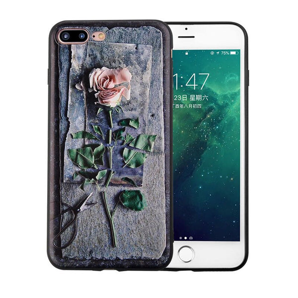Retro Floral Flower Rose Phone Cases For iphone 8 7 6 6s Plus Fitted Cases 3D Relief Roses Soft TPU Full Protect Back Cover Capa