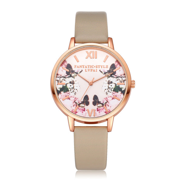 Fashion Watches Women Plant Pattern Dial Ladies Simple Quartz Wristwatch Casual Clock Leather High Quality Zegarki Damskie@50