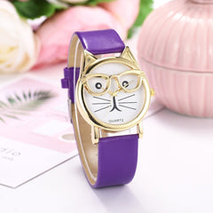 Women Watches Golden Border Cat Glasses Dial Ladies Casual Quartz Wristwatch Fashion Leather Strap Clock Dress Reloj Mujer @50