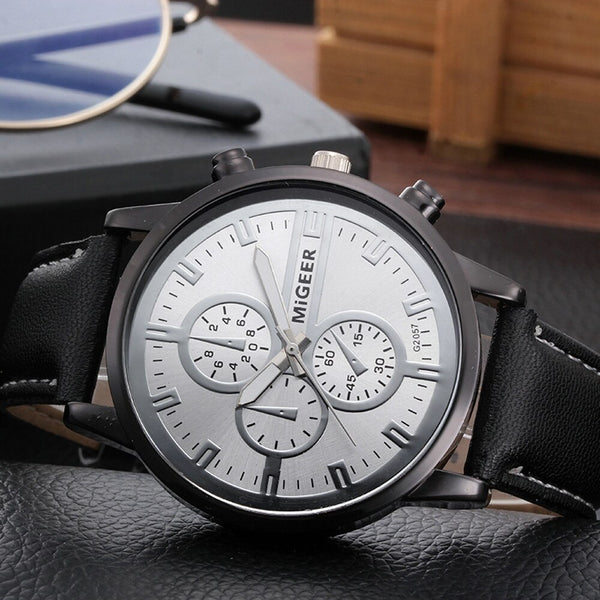 DISU Men Wrist Watch Classic Leather Strap Quartz Casual wristwatch mens big dial watches for men mens watches