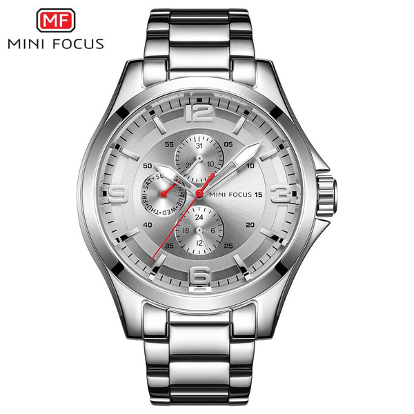 MINI FOCUS Classic Watch For Men 3 Sub-dials Mens Watches Quartz Analog Clock Stainless Steel Watch Strap Calendar Wristwatch
