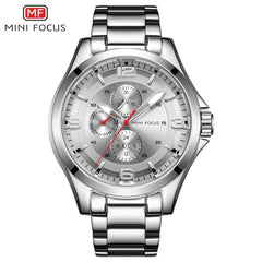 MINI FOCUS Classic Watch For Men 3 Sub-dials Mens Watches Quartz Analog Clock Stainless Steel Watch Strap Calendar Wristwatch