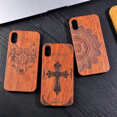Genuine Natural Wood Case For iPhone X 8 7 6 6s Plus 5s 5 SE Cover Novel Embossed Flower Skull Wolf Pattern Wooden Phone Cases