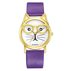 Women Watches Golden Border Cat Glasses Dial Ladies Casual Quartz Wristwatch Fashion Leather Strap Clock Dress Reloj Mujer @50