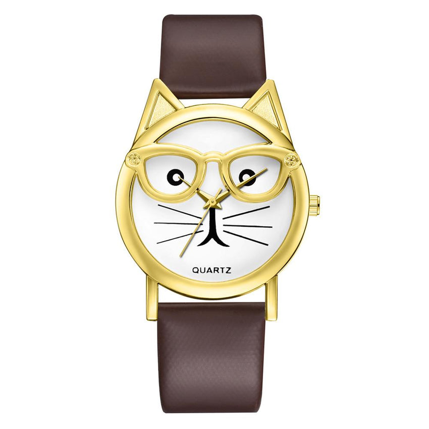 Women Watches Golden Border Cat Glasses Dial Ladies Casual Quartz Wristwatch Fashion Leather Strap Clock Dress Reloj Mujer @50