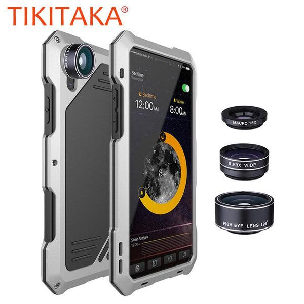 3 in 1 Fisheyes macro Lens Phone Cases For iPhone X 8 7 6 6s Plus Cover Metal Silicone Shockproof Armor Case + Glass Film