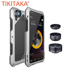 3 in 1 Fisheyes macro Lens Phone Cases For iPhone X 8 7 6 6s Plus Cover Metal Silicone Shockproof Armor Case + Glass Film