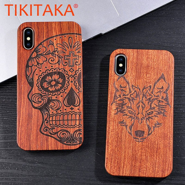 Genuine Natural Wood Case For iPhone X 8 7 6 6s Plus 5s 5 SE Cover Novel Embossed Flower Skull Wolf Pattern Wooden Phone Cases