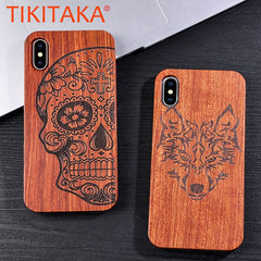Genuine Natural Wood Case For iPhone X 8 7 6 6s Plus 5s 5 SE Cover Novel Embossed Flower Skull Wolf Pattern Wooden Phone Cases