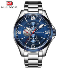 MINI FOCUS Classic Watch For Men 3 Sub-dials Mens Watches Quartz Analog Clock Stainless Steel Watch Strap Calendar Wristwatch