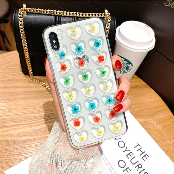 3D Pink Love Heart Phone Case for IPhone X XS Max xr 7 6s 8 Plus Candy Soft Silicone TPU Dried Flower Case Back Cover Female