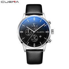 DISU Men Watches Faux Leather Blue Ray Glass Quartz Analog watch mens wrist watches day date relogios masculino