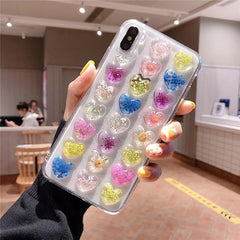 3D Pink Love Heart Phone Case for IPhone X XS Max xr 7 6s 8 Plus Candy Soft Silicone TPU Dried Flower Case Back Cover Female
