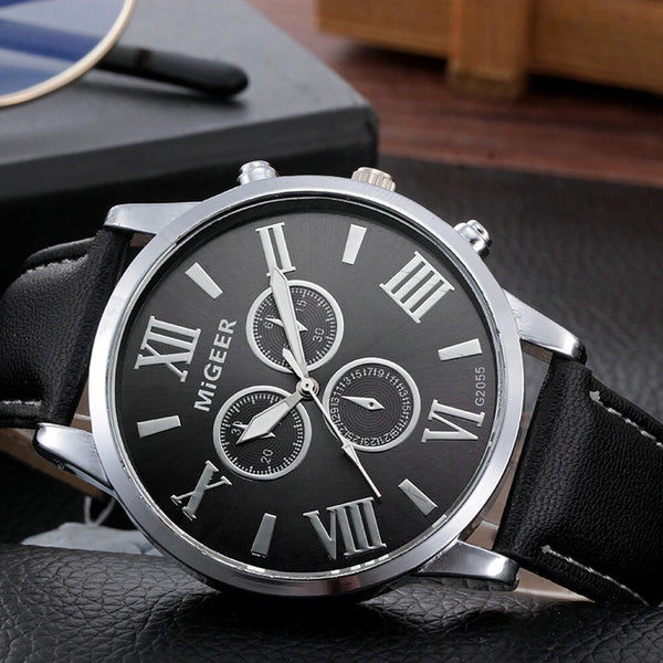 DISU Men Wrist Watch Classic Leather Strap Quartz Casual watch mens big dial watches for men relogios masculino