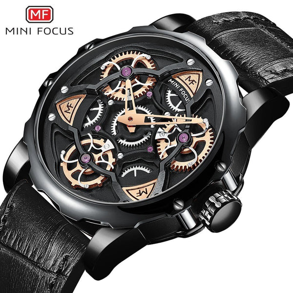 MINIFOCUS 3D Hollow Creative Watch Men Rotating Wheel Design Sports Watches Mens 2019 Luxury Brand Leather Watch Military Quartz