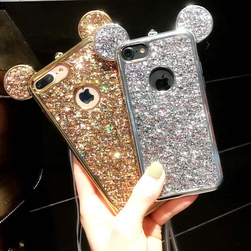 Case For iPhone 11 11Pro Max XR XS Max 6 6s 7 8 Plus 5s SE Glitter Sequins Mouse Ear Cover For Samsung Galaxy S7 S6 S8 edge Plus