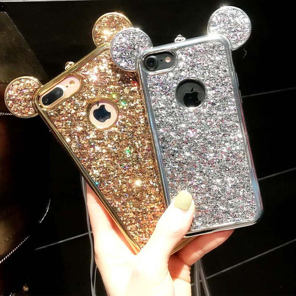 Case For iPhone 11 11Pro Max XR XS Max 6 6s 7 8 Plus 5s SE Glitter Sequins Mouse Ear Cover For Samsung Galaxy S7 S6 S8 edge Plus