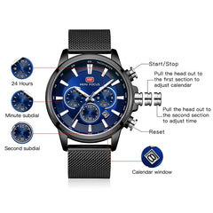 MINI FOCUS Black Watch Men Sports Watches Stainless Steel Luminous Chronograph Mens Watches Top Brand Luxury Waterproof Quartz