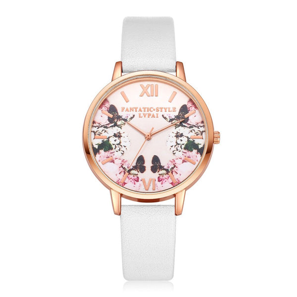 Fashion Watches Women Plant Pattern Dial Ladies Simple Quartz Wristwatch Casual Clock Leather High Quality Zegarki Damskie@50