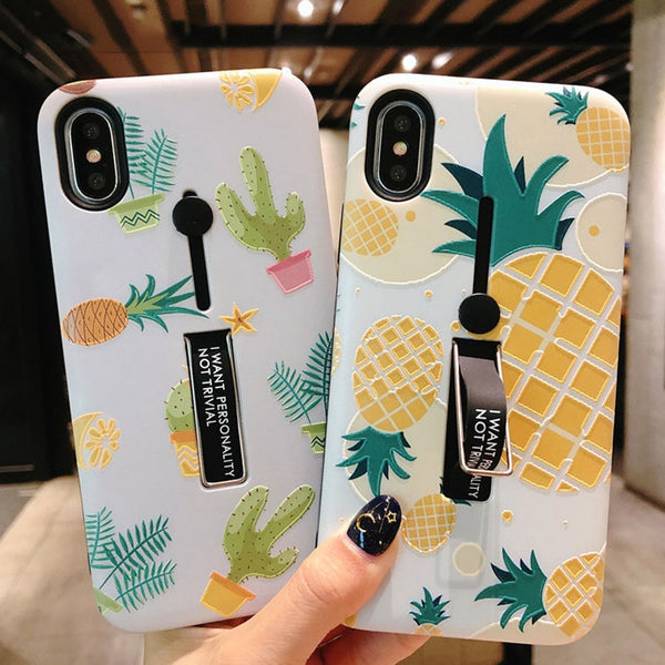 TIKITAKA Summer Fruit Pineapple Phone Case For iphone X 6 6s 7 8 6 6s 7 8 Plus Cactus Hide Ring Stand Holder Cover Coque