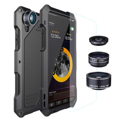 3 in 1 Fisheyes macro Lens Phone Case For iPhone XS Max XR 8 7 6 6s Plus Cover Metal Silicone Shockproof Armor Case + Glass Film