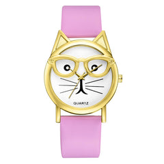 Women Watches Golden Border Cat Glasses Dial Ladies Casual Quartz Wristwatch Fashion Leather Strap Clock Dress Reloj Mujer @50