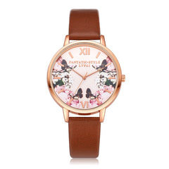 Fashion Watches Women Plant Pattern Dial Ladies Simple Quartz Wristwatch Casual Clock Leather High Quality Zegarki Damskie@50