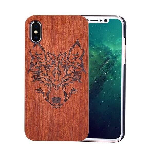 Genuine Natural Wood Case For iPhone X 8 7 6 6s Plus 5s 5 SE Cover Novel Embossed Flower Skull Wolf Pattern Wooden Phone Cases