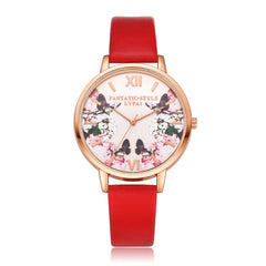 Fashion Watches Women Plant Pattern Dial Ladies Simple Quartz Wristwatch Casual Clock Leather High Quality Zegarki Damskie@50