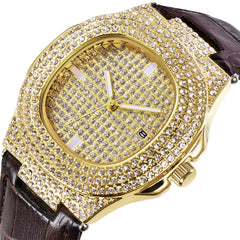 Men Wrist Watch Quartz Analog Date Leather Band Full Crystal Steady Gift Watch Man Watches Mens 2019 relogios masculinos