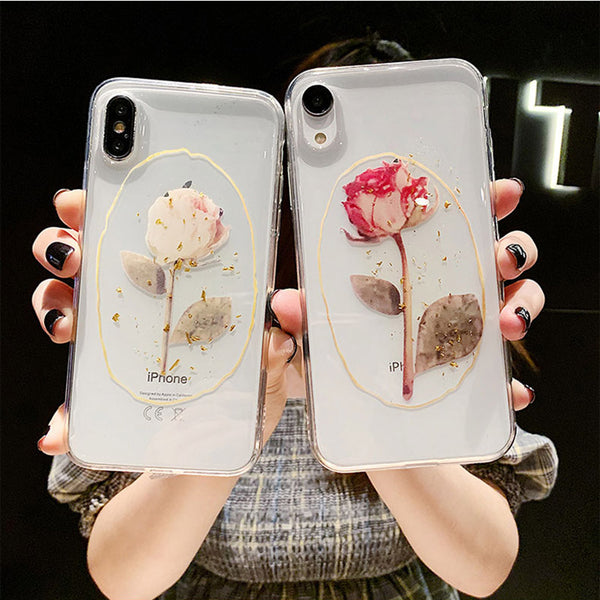 Vintage Gold Foil Rose Flower Phone Case For iPhone X XS XR XS Max Transparent Soft Silicone Cases for iphone 6 6s 7 8 plus Gift