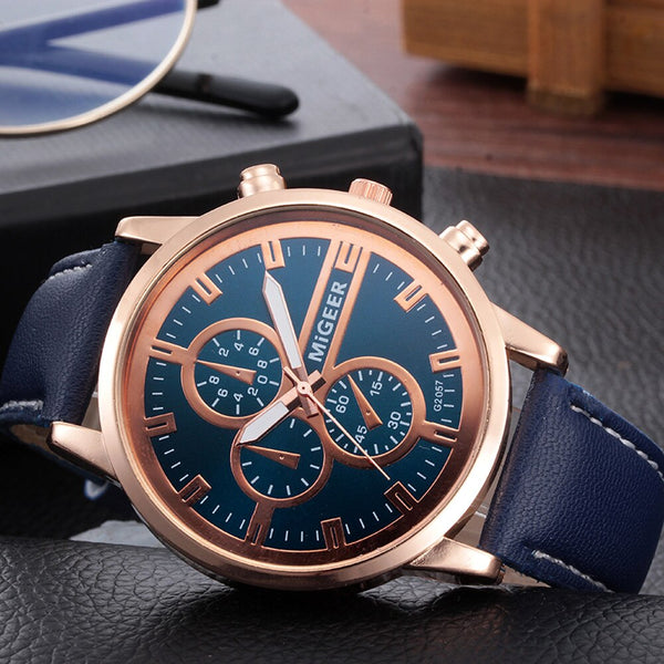 DISU Men Watch Retro Design Leather Band Analog Alloy Quartz watch mens big dial watches for men relogios masculino