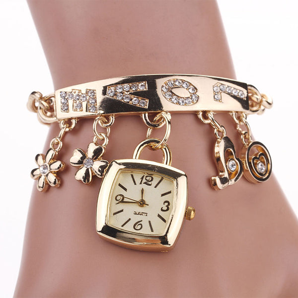 Women Watches Featured Alloy Rhinestone Love  Quartz Wristwatch Bracelet Watch Luxury Gold  Clock Ladies Zegarki Damskie@50