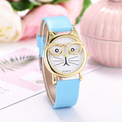 Women Watches Golden Border Cat Glasses Dial Ladies Casual Quartz Wristwatch Fashion Leather Strap Clock Dress Reloj Mujer @50