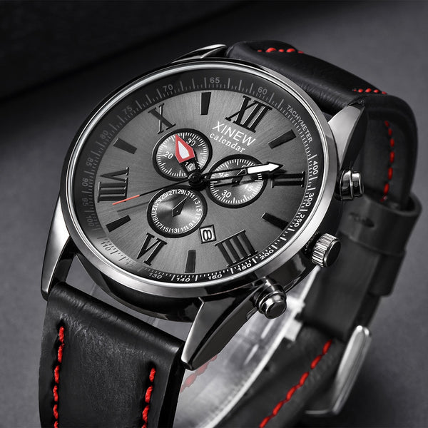 XINEW Man Watch Leather Band Sports Date Analog Alloy Military Quartz Watches Mens 2019 Men Wristwatch Clock erkek kol saati