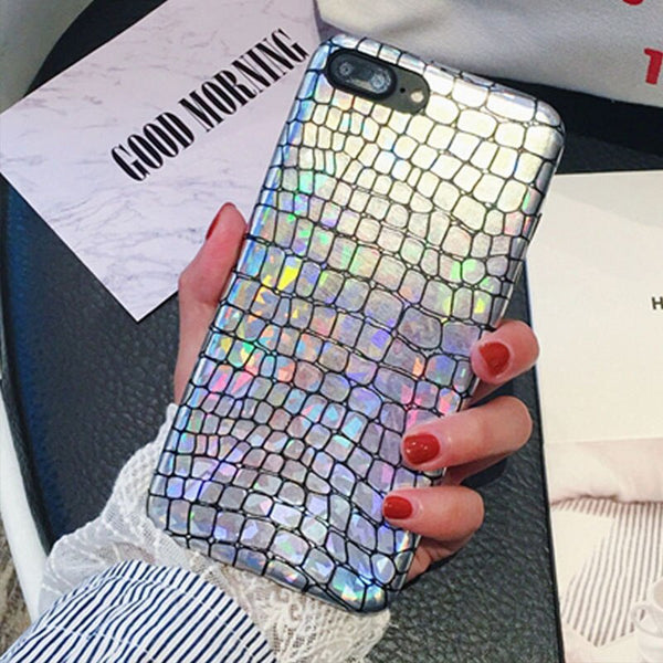 Soft PU Leather Phone Cases For iPhone 7 6 6s Plus Fashion Laser Crocodile Pattern Back Cover Glitter Sequins Shell Coque