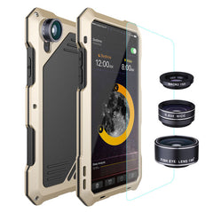 3 in 1 Fisheyes macro Lens Phone Cases For iPhone X 8 7 6 6s Plus Cover Metal Silicone Shockproof Armor Case + Glass Film